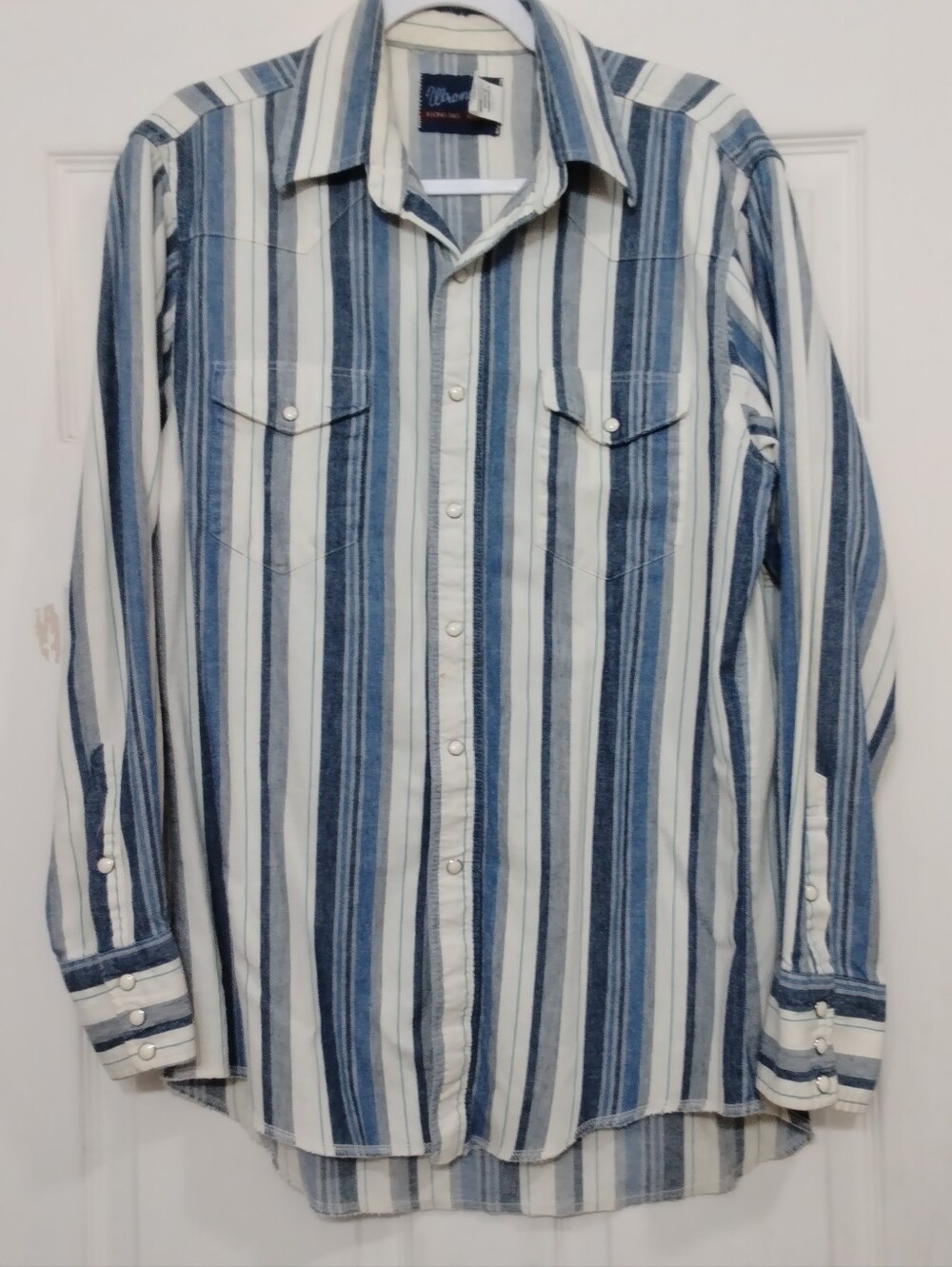 Vtg Wrangler Men's Off White Navy Long Sleeve Shirt 3912H